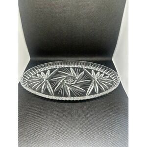 Vintage Cut Glass Oval Serving Tray Pinwheel Star Scalloped Sawtooth Rim 8 inch